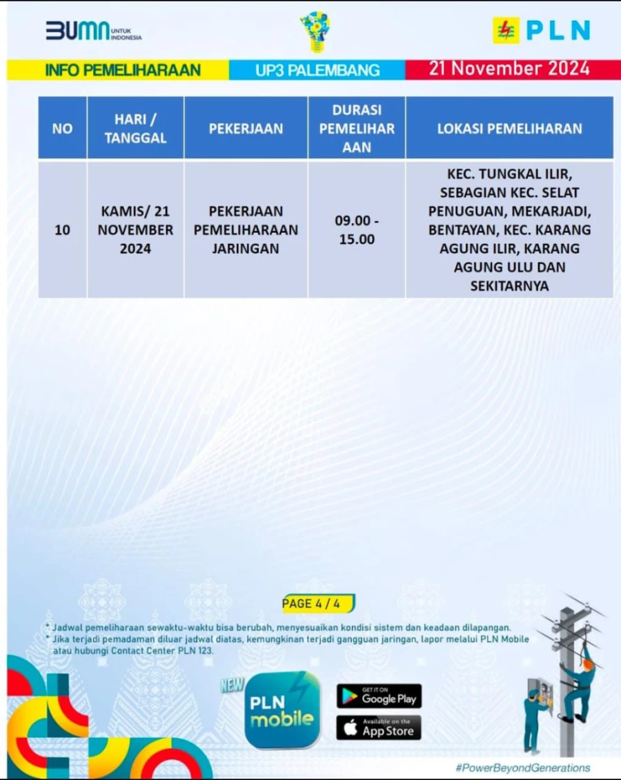Informasi Terdampak Padam PLN di Wilayah Kerja PT MEP Kapel Lalan Tanggal 21/11/2024