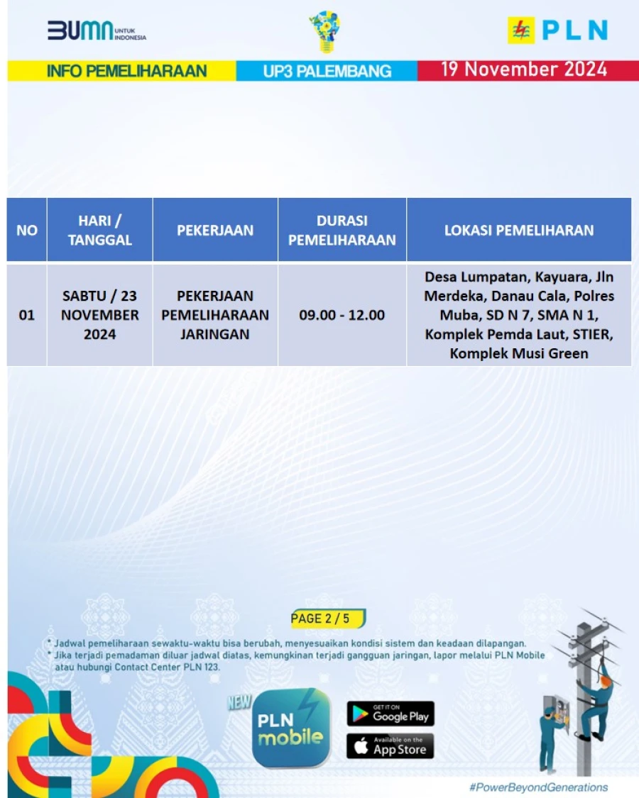 Informasi Terdampak Padam PLN di Wilayah Kerja PT MEP Kapel Lalan Tanggal 22/11/2024