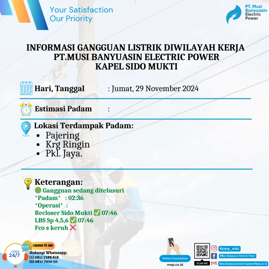 Informasi Penyebab Padam Gangguan Listrik Di Wilayah Kerja PT MEP Kapel Sido Mukti Tanggal 29/11/2024