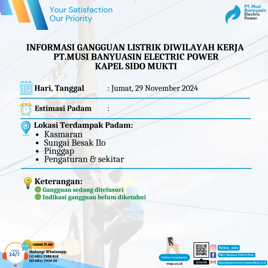 Informasi Penyebab Padam Gangguan Listrik Di Wilayah Kerja PT MEP Kapel Sido Mukti Tanggal 29/11/2024 15:29 WIB