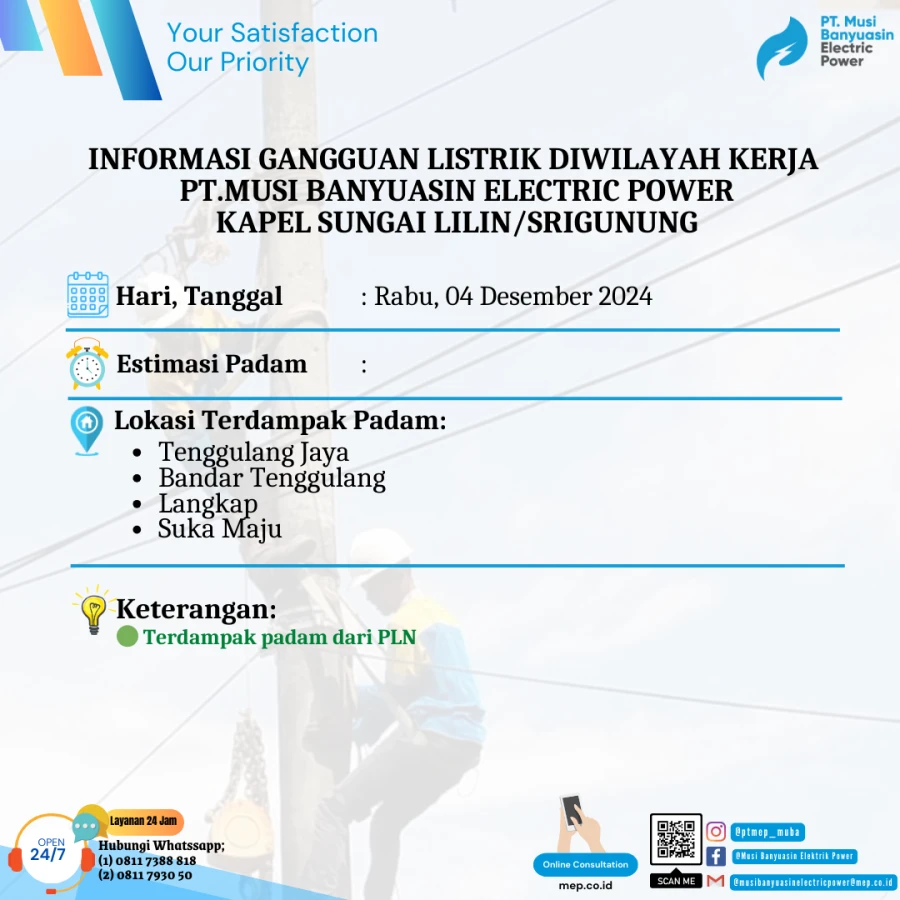 Informasi Terdampak Padam PLN di Wilayah Kerja PT MEP Kapel Srigunung Tanggal 04/12/2024