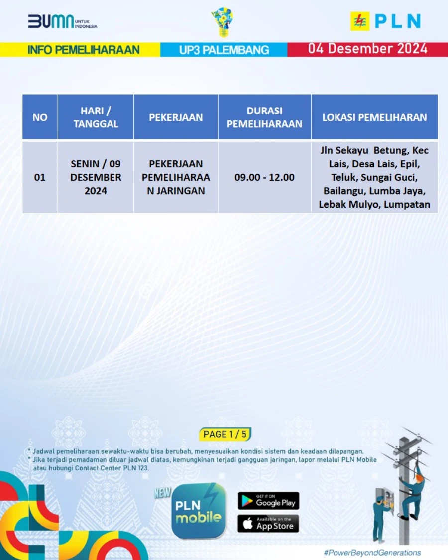 Informasi Terdampak Padam PLN di Wilayah Kerja PT MEP Kapel Lais Tanggal 09/12/2024