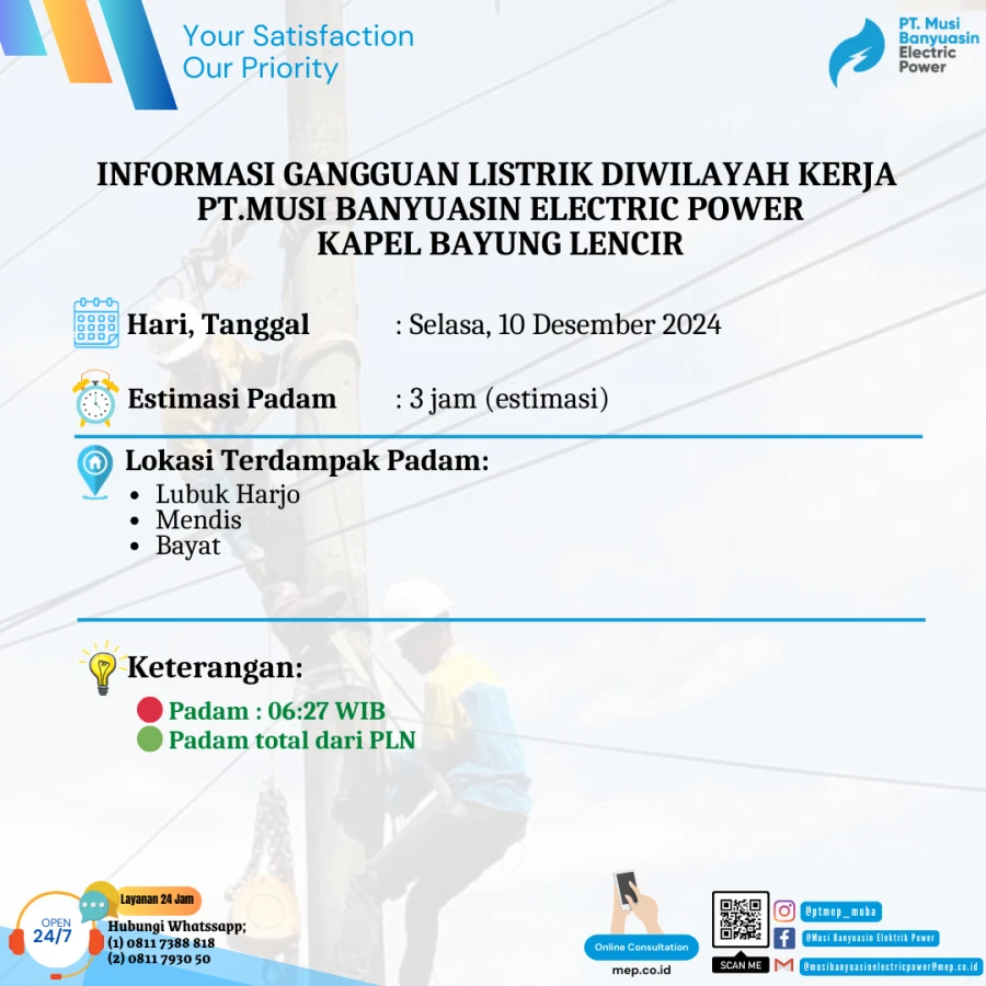 Update Informasi Penyebab Padam Gangguan Listrik Di Wilayah Kerja PT MEP Kapel Bayung Lencir Tanggal 10/12/2024