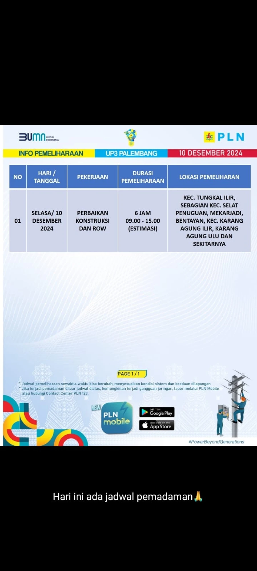 Informasi Terdampak Padam PLN di Wilayah Kerja PT MEP Kapel Lalan Tanggal 10/12/2024