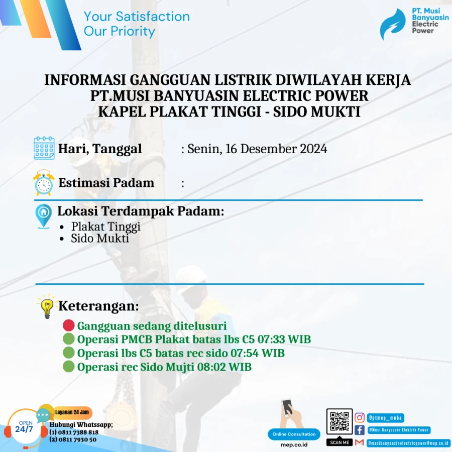 Informasi Penyebab Padam Gangguan Listrik Di Wilayah Kerja PT MEP Kapel Plakat Tinggi-Sido Mukti Tanggal 16/12/2024