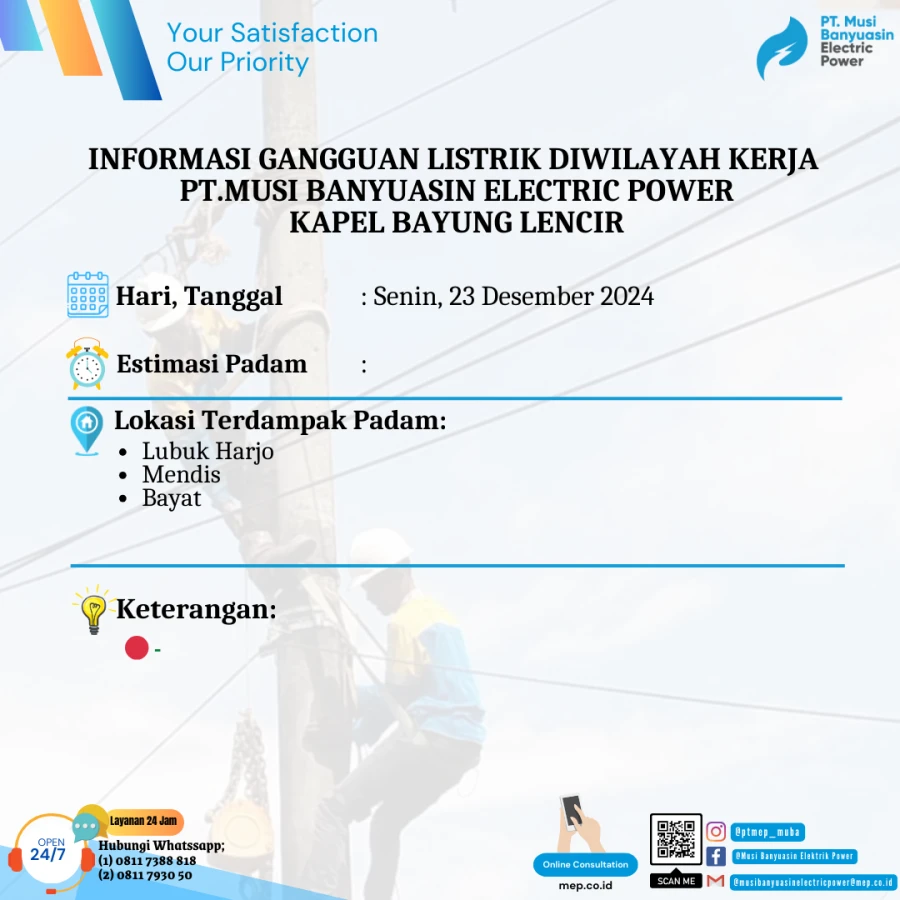 Informasi Penyebab Padam Gangguan Listrik Di Wilayah Kerja PT MEP Kapel Bayung Lencir Tanggal 23/12/2024