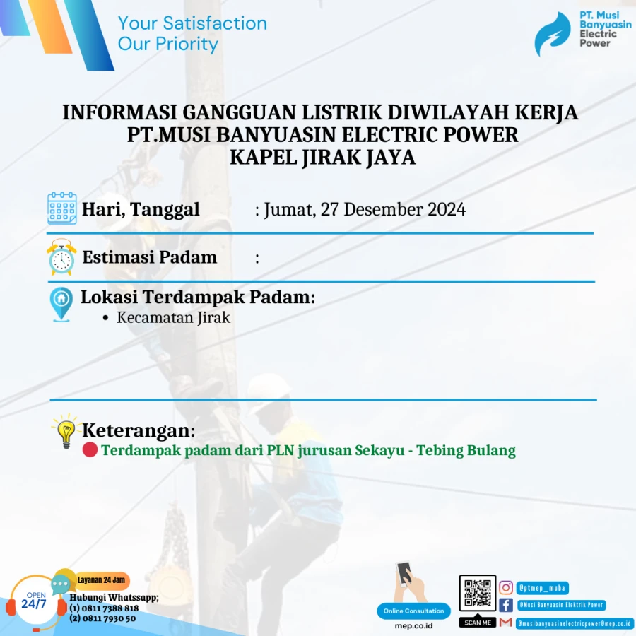 Informasi Terdampak Padam PLN di Wilayah Kerja PT MEP Kapel Jirak Jaya Tanggal 27/12/2024