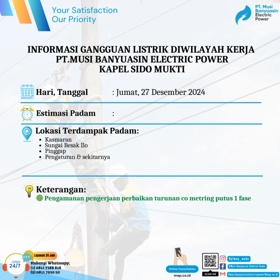 Informasi Penyebab Padam Gangguan Listrik Di Wilayah Kerja PT MEP Kapel Sido Mukti Tanggal 27/12/2024
