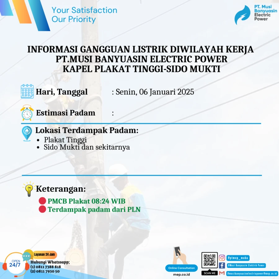 Informasi Terdampak Padam PLN di Wilayah Kerja PT MEP Kapel Plakat-Sido Mukti Tanggal 06/01/2025