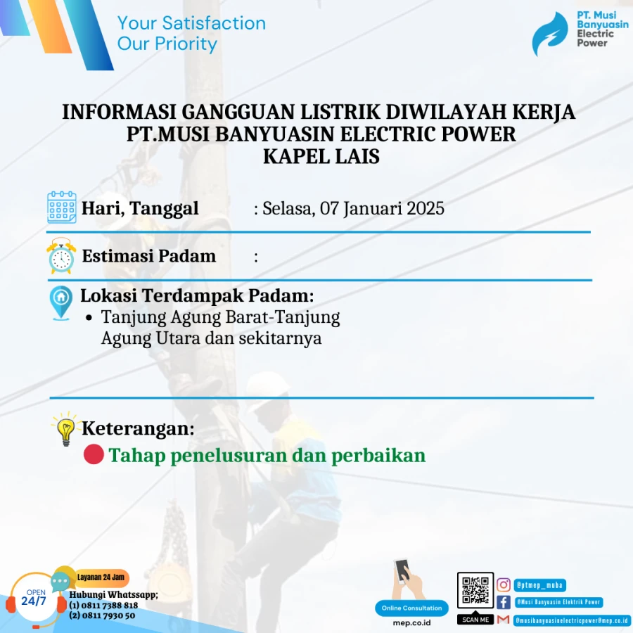 Informasi Penyebab Padam Gangguan Listrik Di Wilayah Kerja PT MEP Kapel Keluang Tanggal 07/01/2024