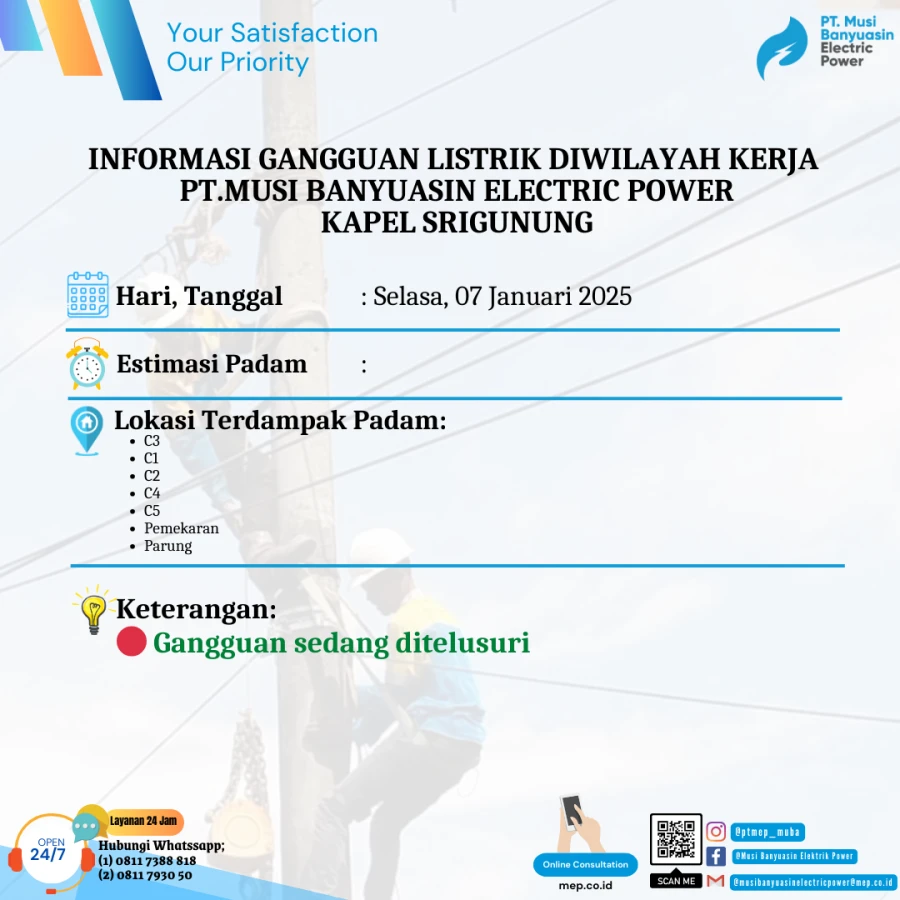 Informasi Penyebab Padam Gangguan Listrik Di Wilayah Kerja PT MEP Kapel Srigunung Tanggal 07/01/2024
