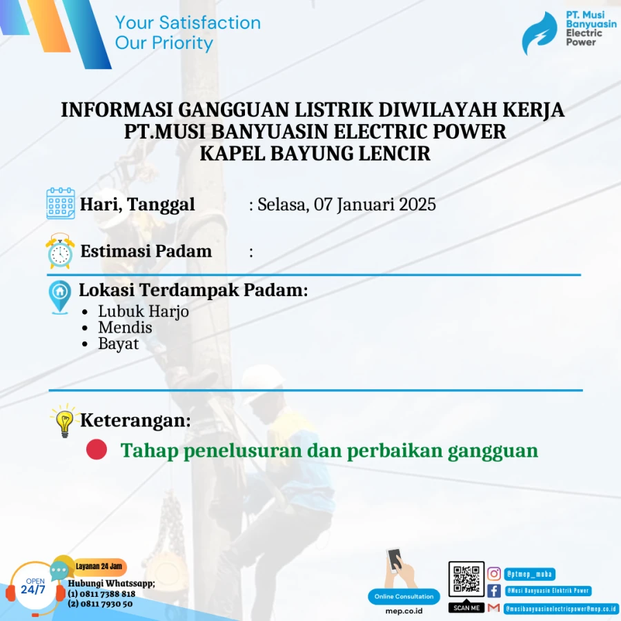 Informasi Penyebab Padam Gangguan Listrik Di Wilayah Kerja PT MEP Kapel Bayung Lencir Tanggal 07/01/2024