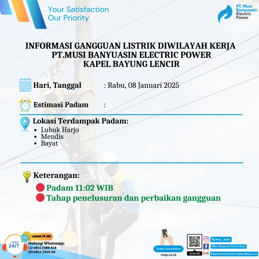 Informasi Penyebab Padam Gangguan Listrik Di Wilayah Kerja PT MEP Kapel Bayung Lencir Tanggal 08/01/2024