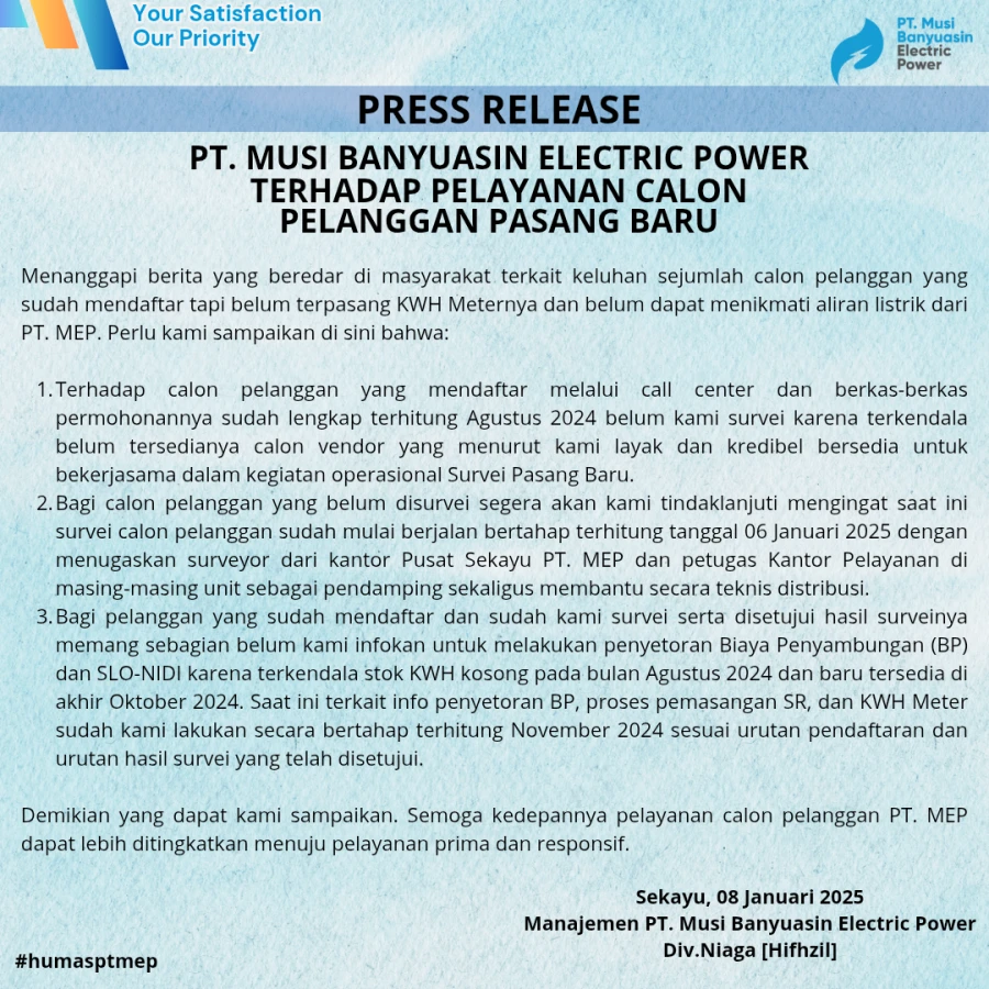 PRESS RELEASE PT. MUSI BANYUASIN ELECTRIC POWER   TERHADAP PELAYANAN CALON PELANGGAN PASANG BARU