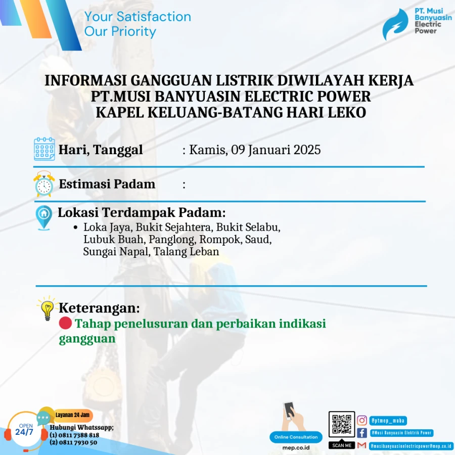 Informasi Penyebab Padam Gangguan Listrik Di Wilayah Kerja PT MEP Kapel Keluang-Batang Hari Leko Tanggal 09/01/2024