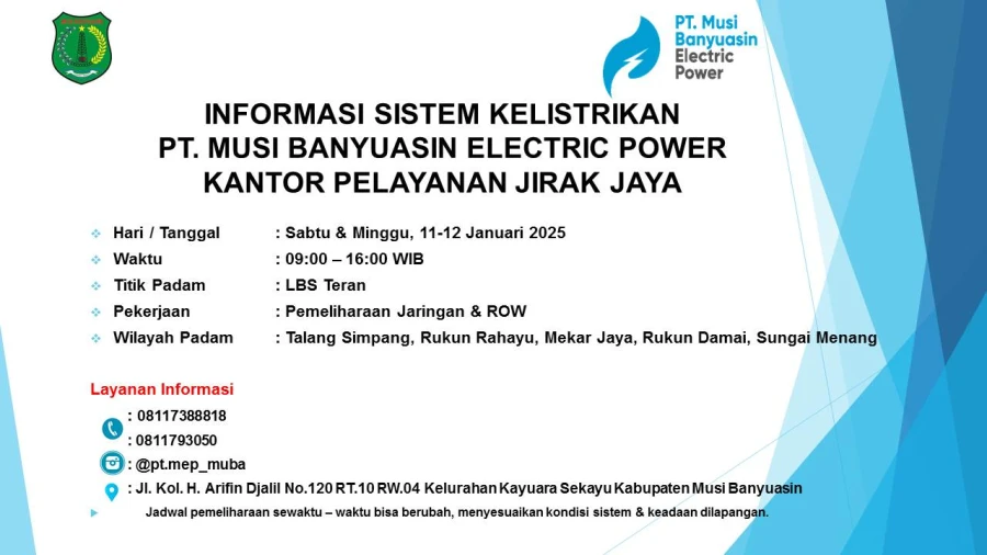 Informasi Pemeliharaan Listrik Terjadwal Di Wilayah Kerja PT MEP Kapel Jirak Jaya Tanggal 11-12/01/2025