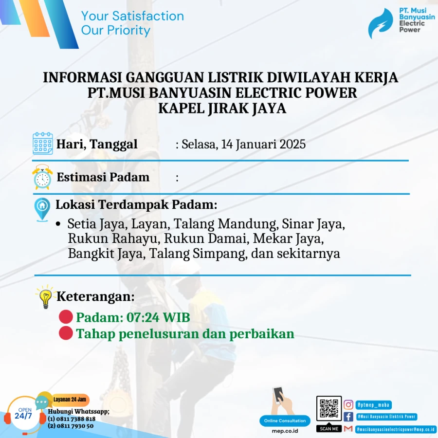 Informasi Penyebab Padam Gangguan Listrik Di Wilayah Kerja PT MEP Kapel Jirak Jaya Tanggal 14/01/2025