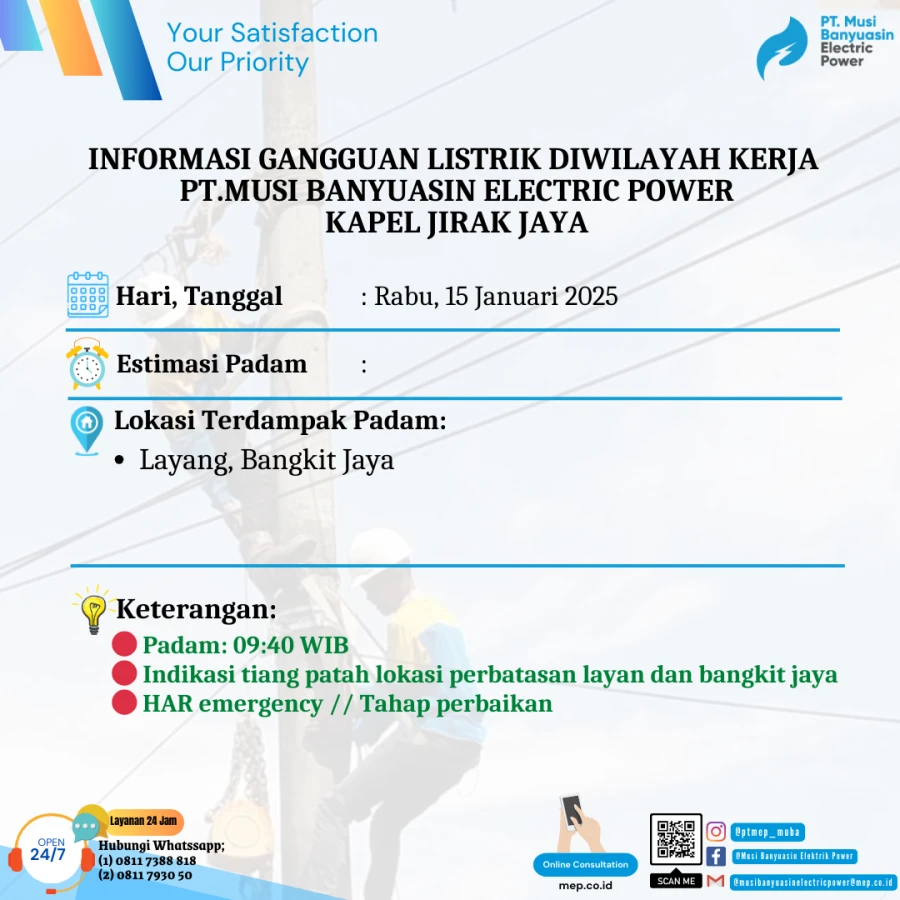 Informasi Penyebab Padam Gangguan Listrik Di Wilayah Kerja PT MEP Kapel Jirak Jaya Tanggal 15/01/2025