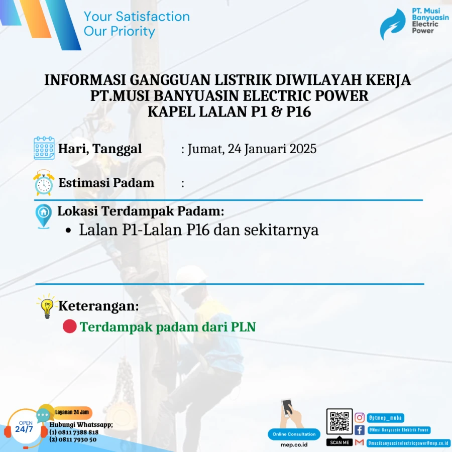 Informasi Terdampak Padam PLN di Wilayah Kerja PT MEP Kapel Lalan Tanggal 24/01/2025