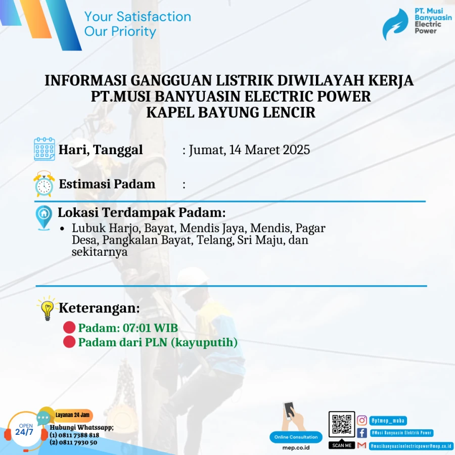Informasi Terdampak Padam PLN di Wilayah Kerja PT MEP Kapel Bayung Lencir Tanggal 14/03/2025