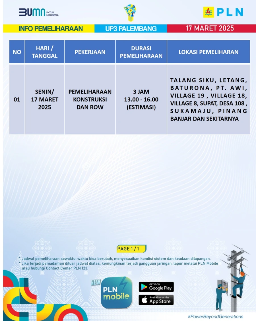 Informasi Terdampak Padam PLN di Wilayah Kerja PT MEP Kapel Srigunung/Sungai Lilin Tanggal 17/03/2025