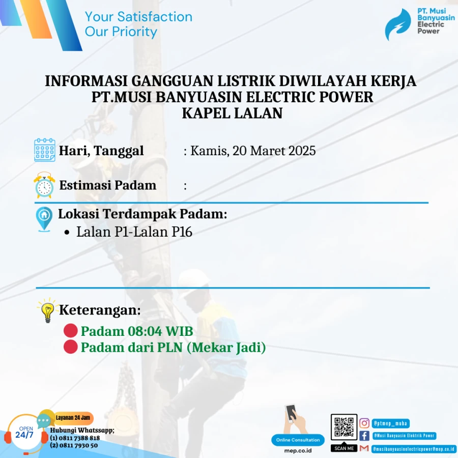 Informasi Terdampak Padam PLN di Wilayah Kerja PT MEP Kapel Lalan Tanggal 20/03/2025