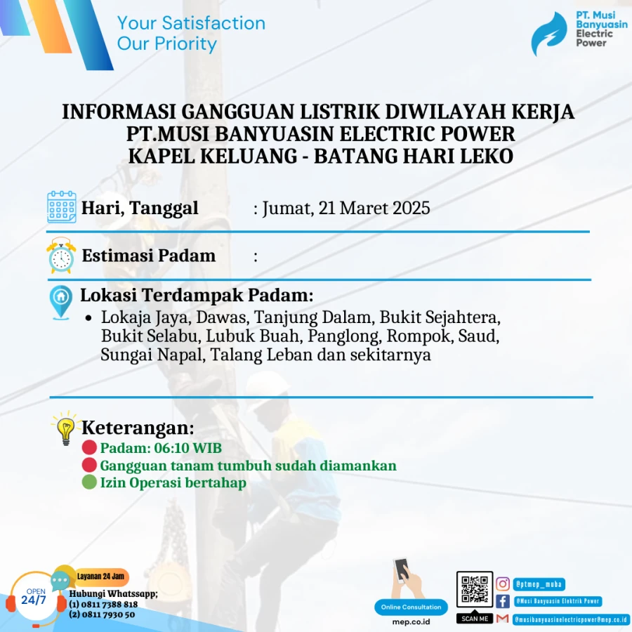 Informasi Penyebab Padam Gangguan Listrik Di Wilayah Kerja PT MEP Kapel Keluang-Batang Hari Leko Tanggal 21/03/2025