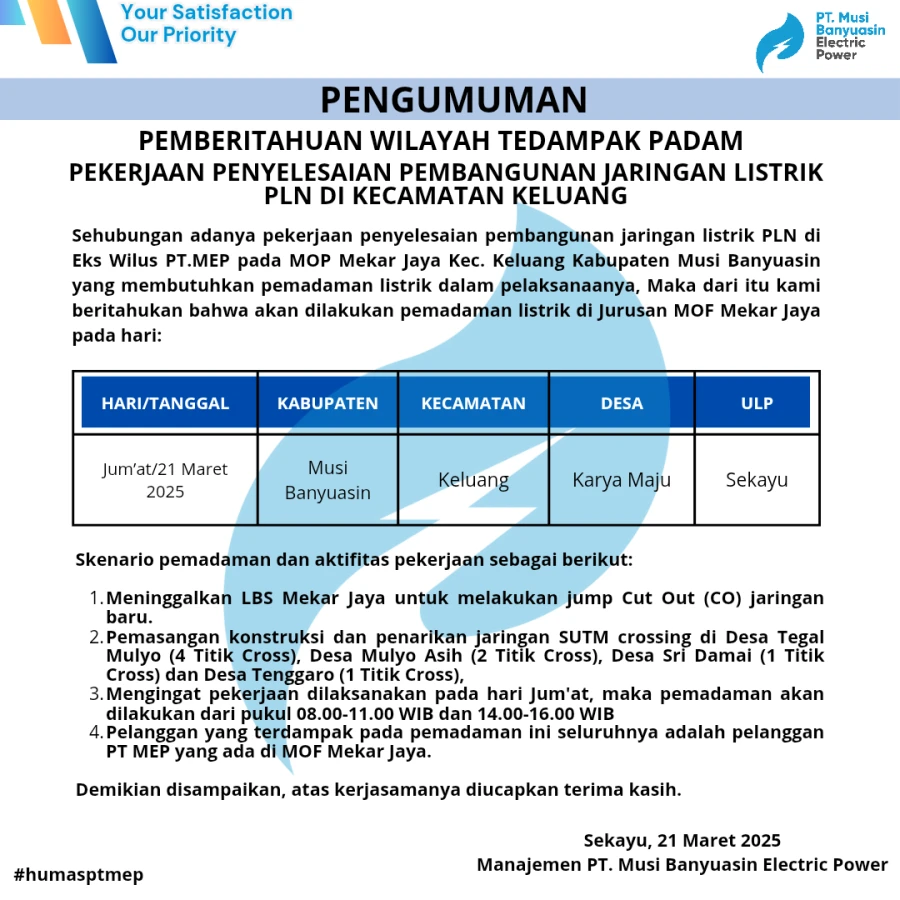 PEMBERITAHUAN WILAYAH TEDAMPAK PADAM PEKERJAAN PENYELESAIAN PEMBANGUNAN JARINGAN LISTRIK PLN DI KECAMATAN KELUANG 21 MARET 2025