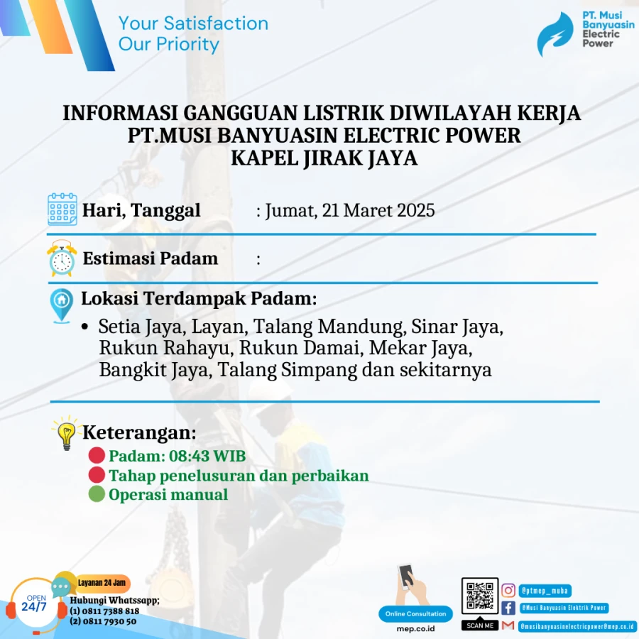 Informasi Penyebab Padam Gangguan Listrik Di Wilayah Kerja PT MEP Kapel Jirak Jaya Tanggal 21/03/2025