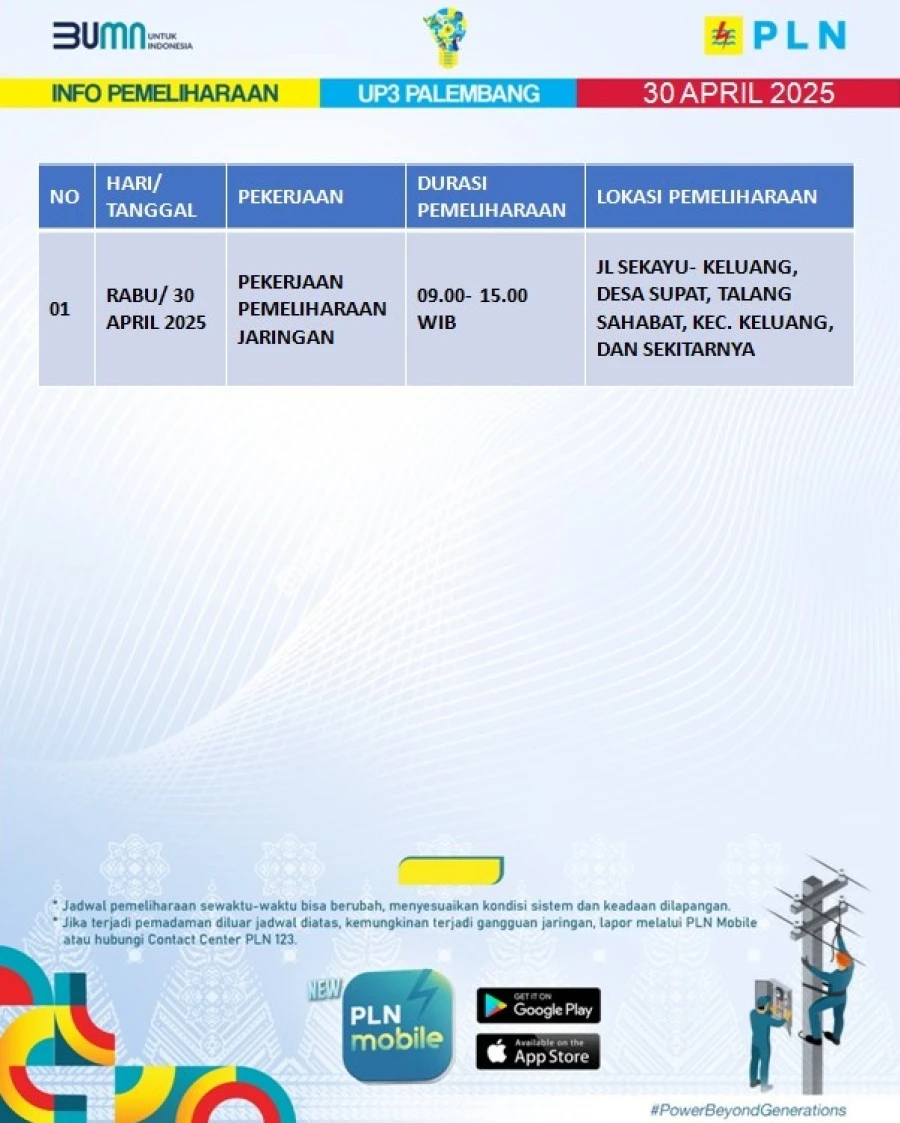 Informasi Terdampak Padam PLN di Wilayah Kerja PT MEP Tanggal 30/04/2025