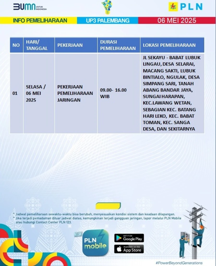 Informasi Terdampak Padam PLN di Wilayah Kerja PT MEP Tanggal 06/05/2025