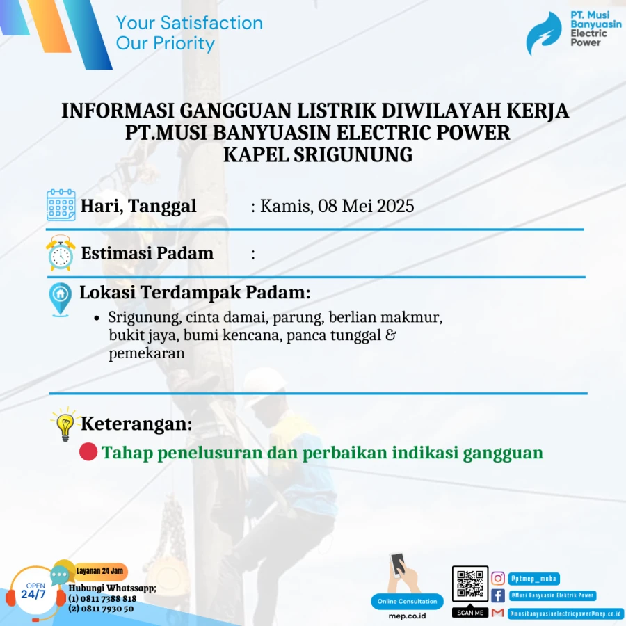 Informasi Penyebab Padam Gangguan Listrik Di Wilayah Kerja PT MEP Kapel Sri Gunung Tanggal 08/05/2025