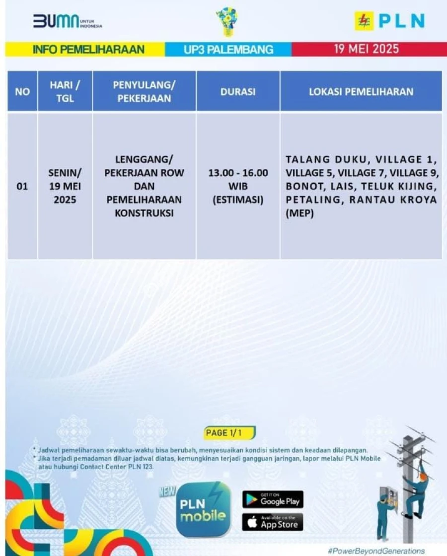 Informasi Terdampak Padam PLN di Wilayah Kerja PT MEP Kapel Lais Rantau Kroya Tanggal 19/05/2025