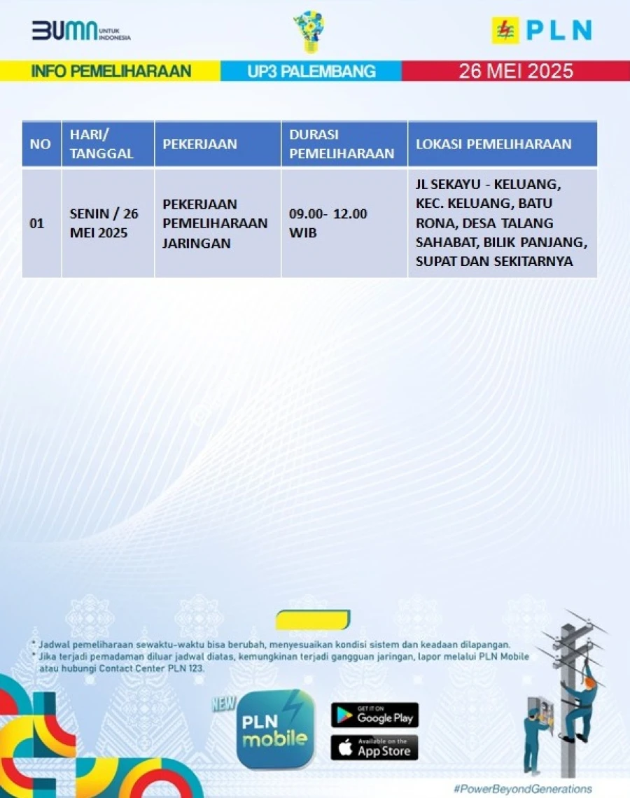 Informasi Terdampak Padam PLN di Wilayah Kerja PT MEP Kapel Keluang-Batang Hari Leko Tanggal 26/05/2025