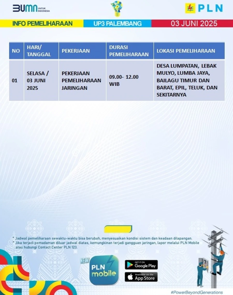 Informasi Terdampak Padam PLN di Wilayah Kerja PT MEP Kapel Lais (Danau Cala) Tanggal 03 /06/2025