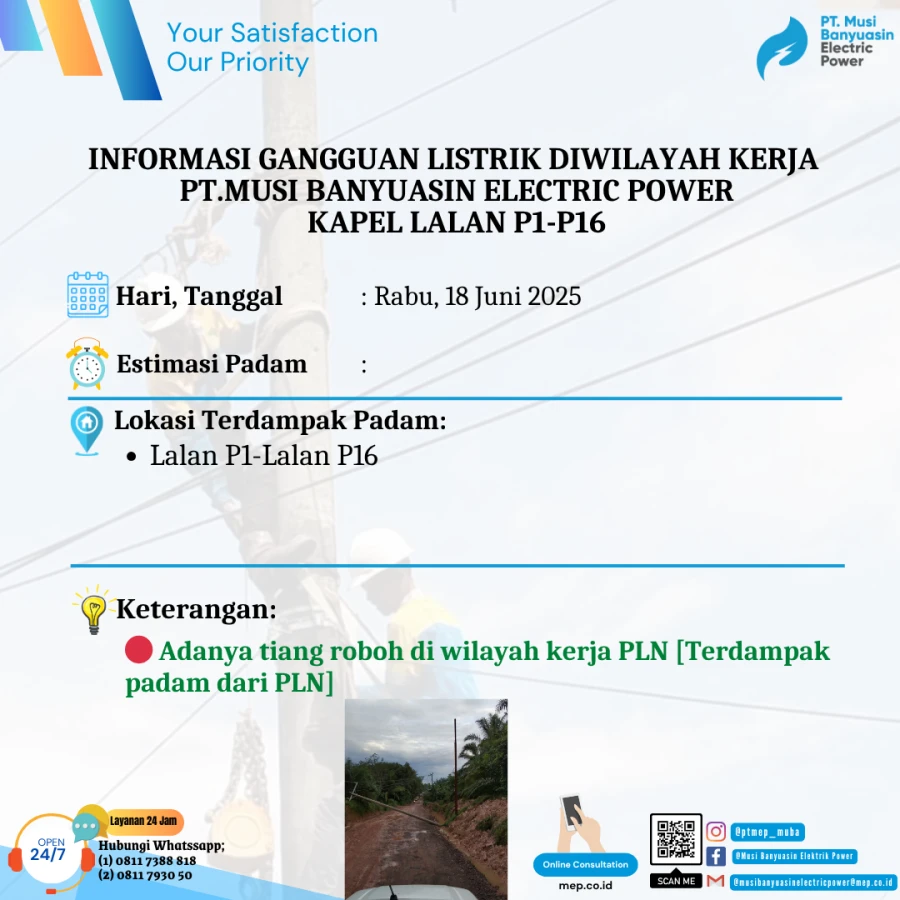 Informasi Terdampak Padam PLN di Wilayah Kerja PT MEP Kapel Lalan Tanggal 18/06/2025
