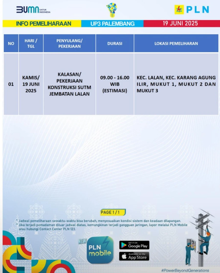 Informasi Terdampak Padam PLN di Wilayah Kerja PT MEP Kapel Lalan Tanggal 19/06/2025