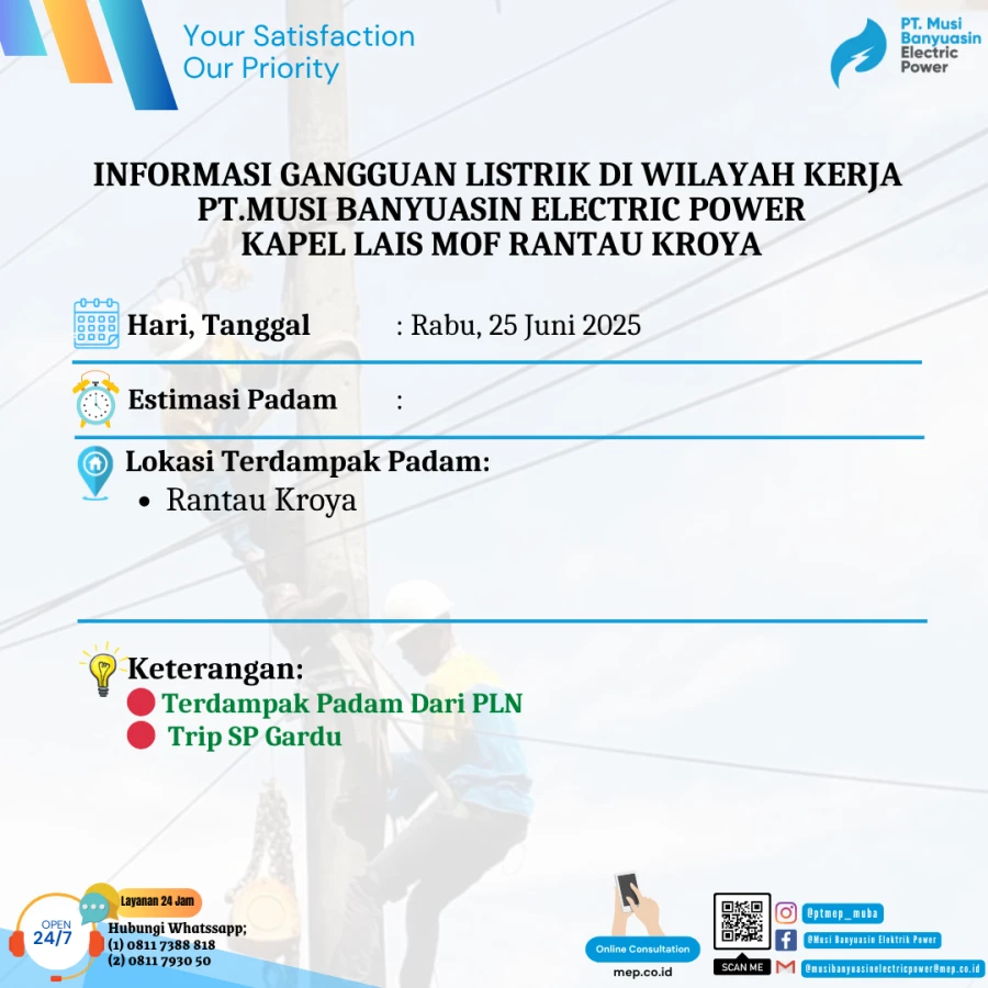 Informasi Terdampak Padam PLN di Wilayah Kerja PT MEP Kapel Lais Tanggal 24/06/2025
