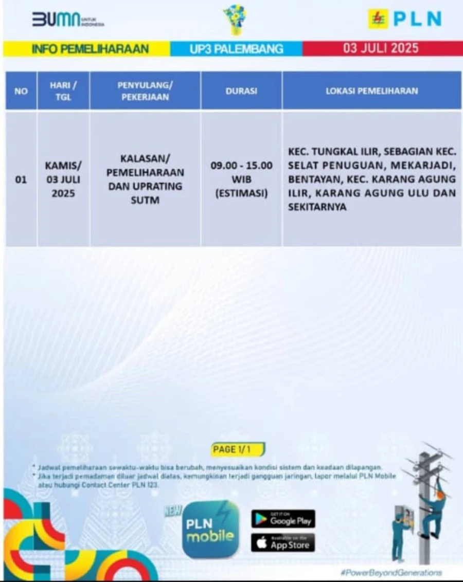 Informasi Terdampak Padam PLN di Wilayah Kerja PT MEP Kapel Lalan Tanggal 03/07/2025