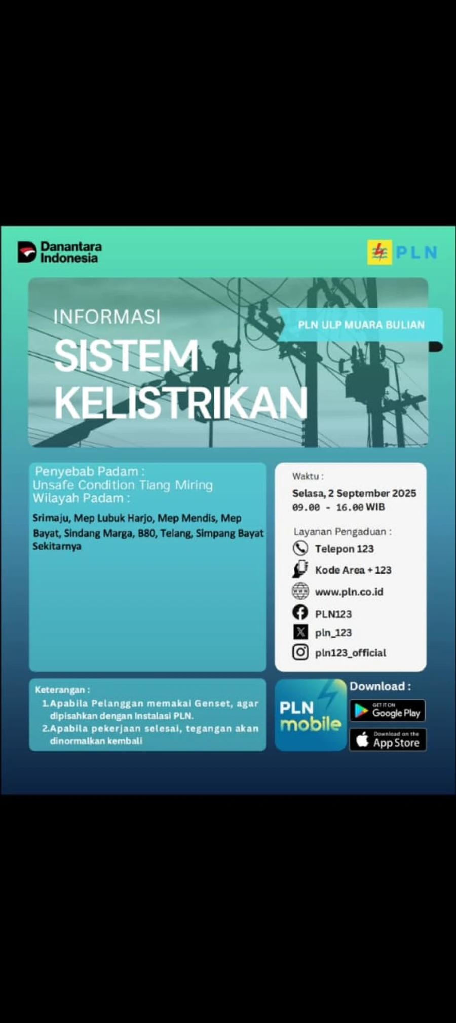 Informasi Terdampak Padam PLN di Wilayah Kerja PT MEP Kapel Bayung Lencir Hari Selasa Tanggal 02/09/2025