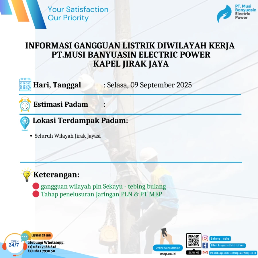 Informasi Terdampak Padam PLN di Wilayah Kerja PT MEP Kapel Jirak Hari Selasa Tanggal 09/09/2025