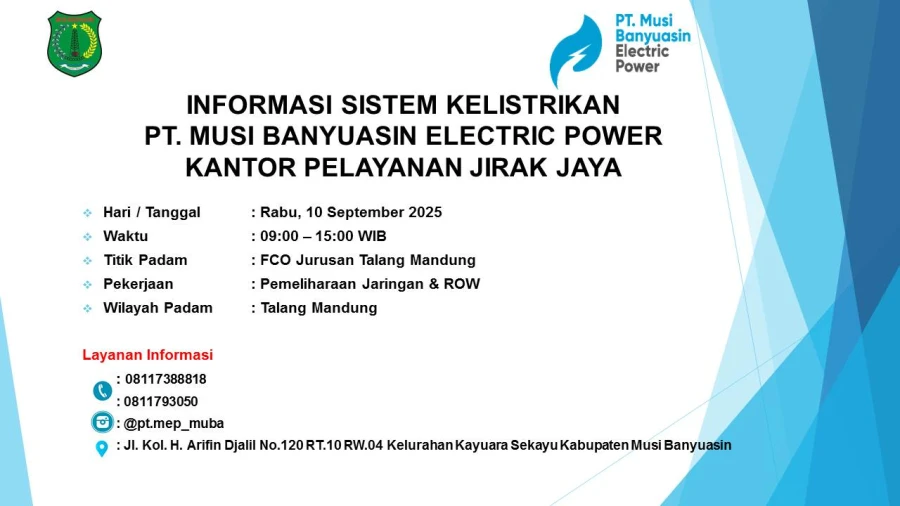 Informasi Pemeliharaan Listrik Terjadwal Di Wilayah Kerja PT MEP Kapel Jirak Jaya Hari Rabu Tanggal 10/09/2025
