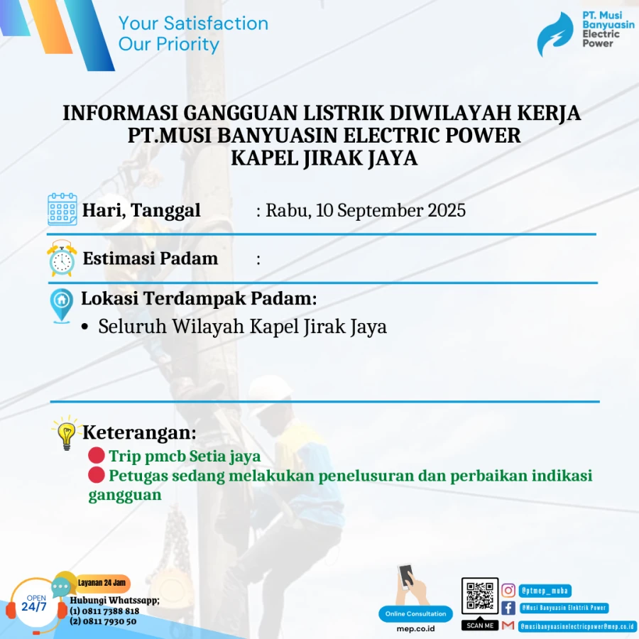 Informasi Penyebab Padam Gangguan Listrik Di Wilayah Kerja PT MEP Kapel Jirak hari Rabu tanggal 10/09/2025