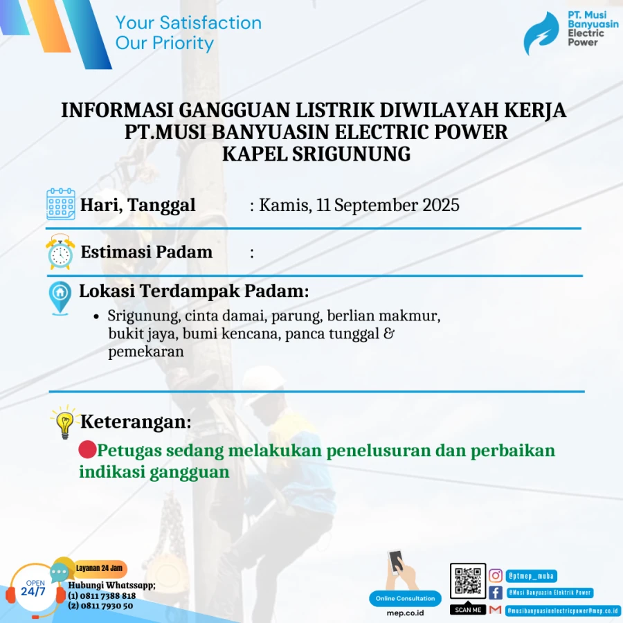 Informasi Penyebab Padam Gangguan Listrik Di Wilayah Kerja PT MEP Kapel Sri gunung hari Kamis tanggal 11/09/2025