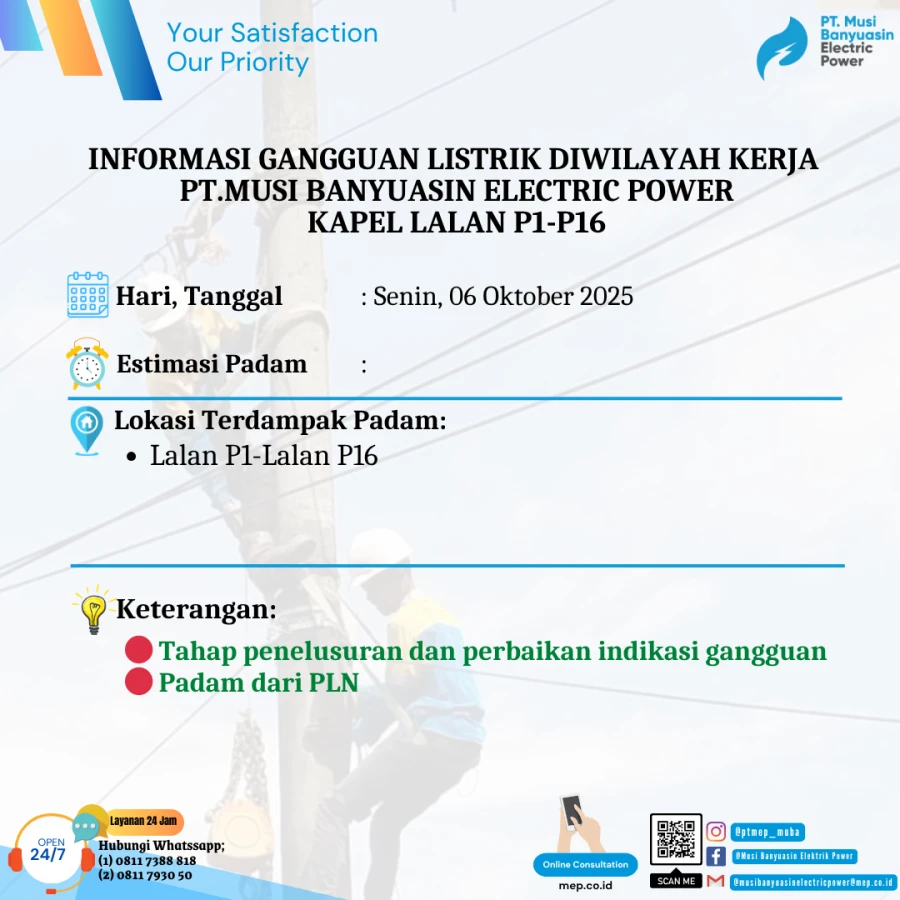 Informasi Terdampak Padam PLN di Wilayah Kerja PT MEP Kapel Lalan Hari Senin Tanggal 06/10/2025