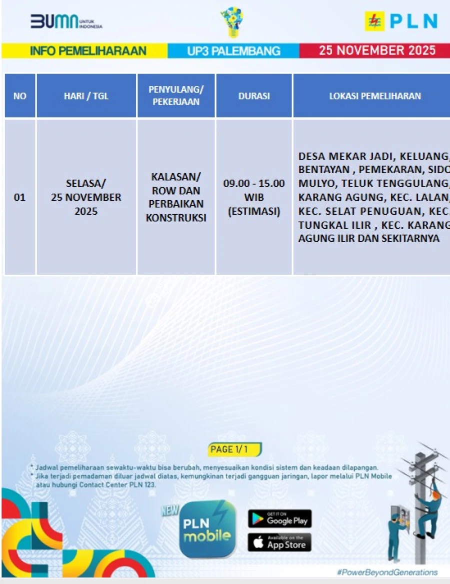 Informasi Terdampak Padam PLN di Wilayah Kerja PT MEP Kapel Lalan Hari Selasa Tanggal 25/11/2025