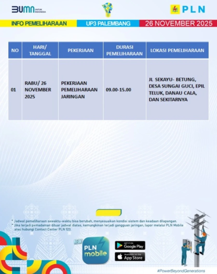 Informasi Terdampak Padam PLN di Wilayah Kerja PT MEP Kapel Lais [Danau Cala] Hari Selasa Tanggal 26/11/2025