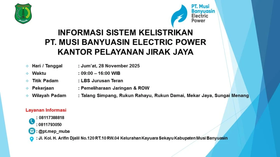 Informasi Pemeliharaan Listrik Terjadwal Di Wilayah Kerja PT MEP Kapel Jirak Jaya Hari Jum'at Tanggal 28/11/2025