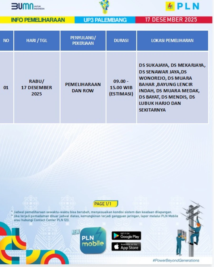 Informasi Terdampak Padam PLN di Wilayah Kerja PT MEP