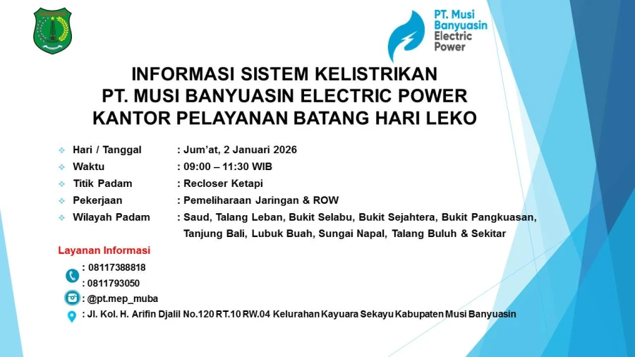 Informasi Pemeliharaan Listrik Terjadwal Di Wilayah Kerja PT MEP Kapel Batang Hari Leko Hari Jum'at Tanggal 02/01/2025